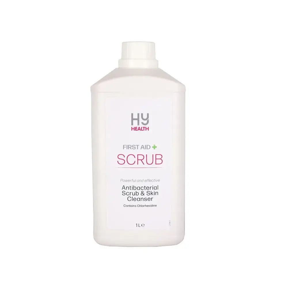 White plastic bottle of hy equestrian first aid scrub an effective antibacterial scrub and skin cleanser with chlorhexidine