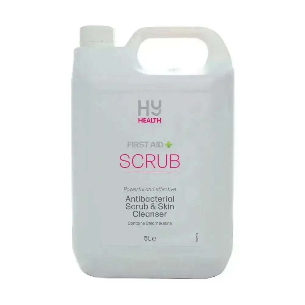 White plastic jug with handle labeled hy health first aid scrub in pink and black text for effective antibacterial scrub use