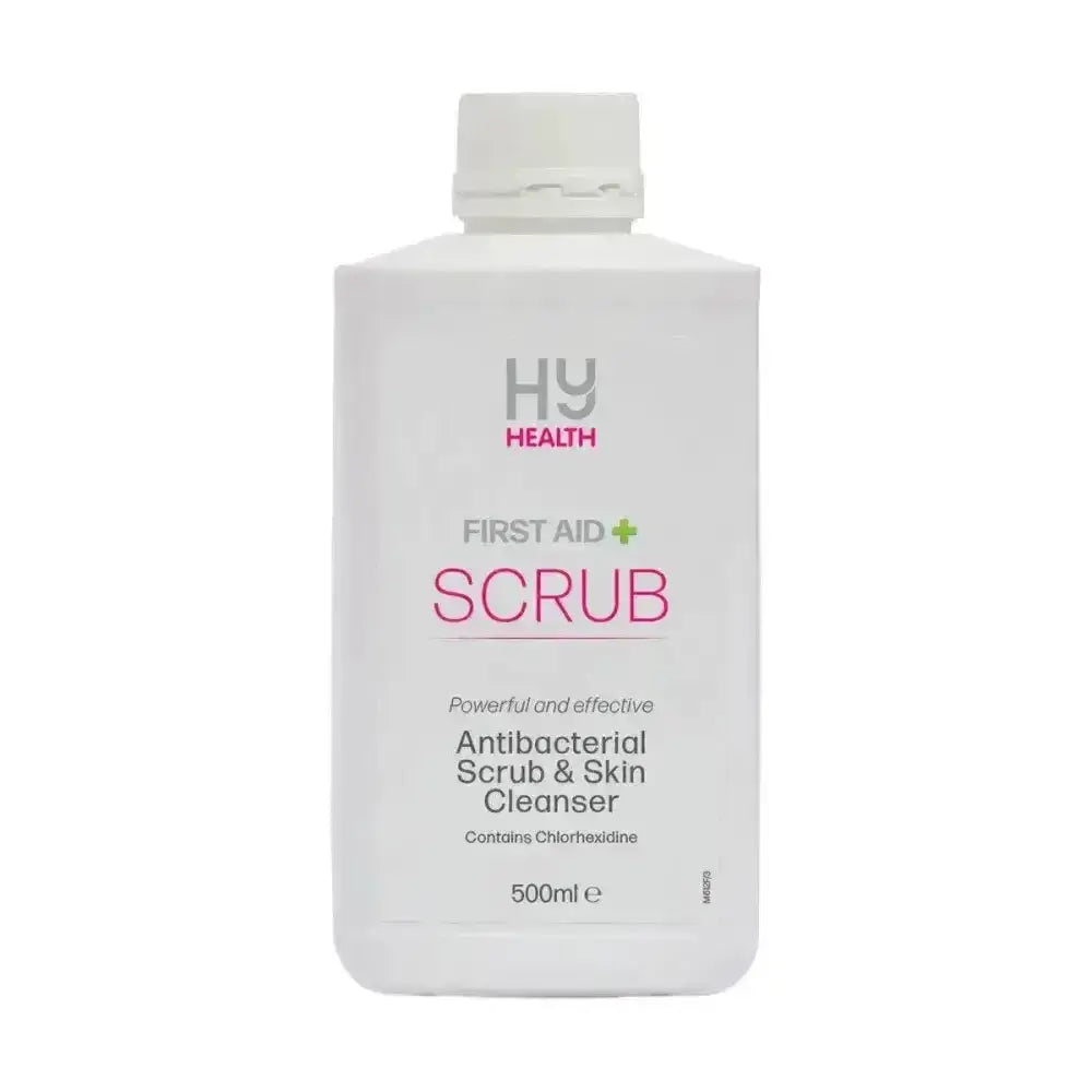 White plastic bottle of hy health first aid antibacterial scrub and skin cleanser 500ml effective antibacterial scrub