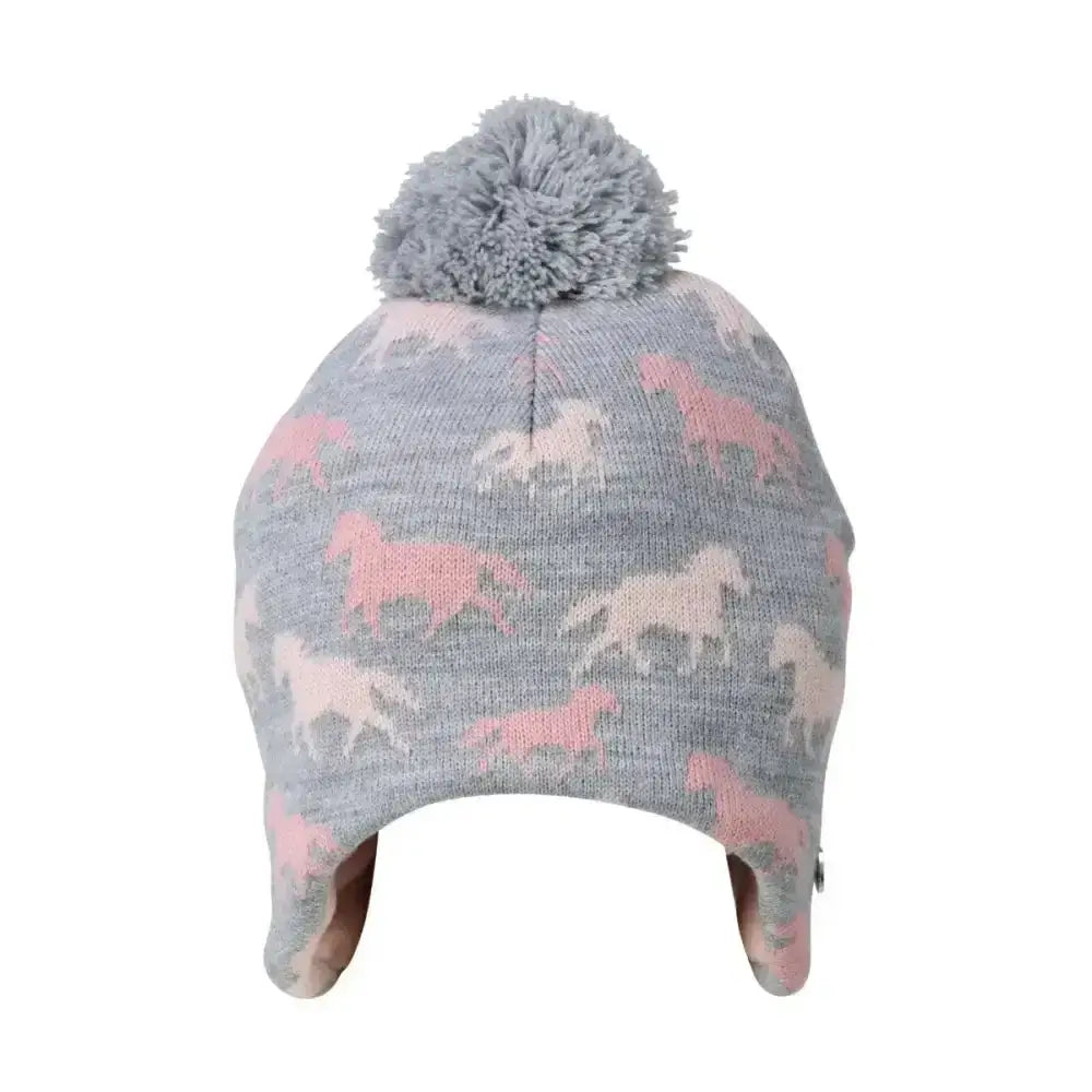 A soft gray knit equestrian flaine children’s beanie with a fun horse pattern and matching fluffy pom pom for pony lovers