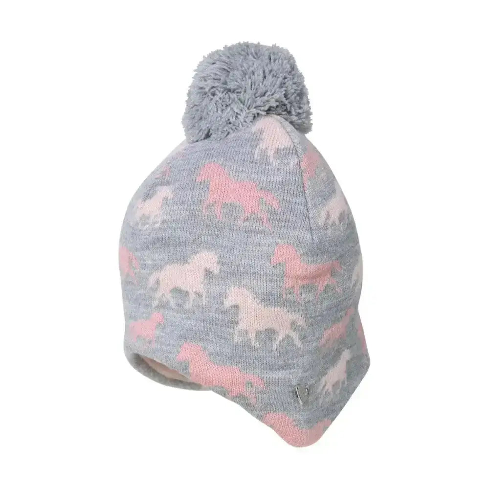A soft gray knit equestrian flaine children’s beanie with a fun horse pattern and fluffy pink pom pom for pony lovers