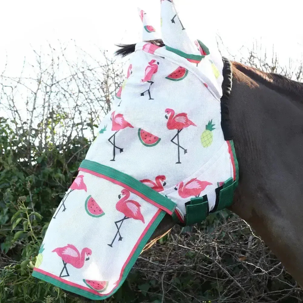 Hy Equestrian Flamingo Fly Mask With Ears And Detachable Nose Green / White / Pink Small Pony Fly Masks