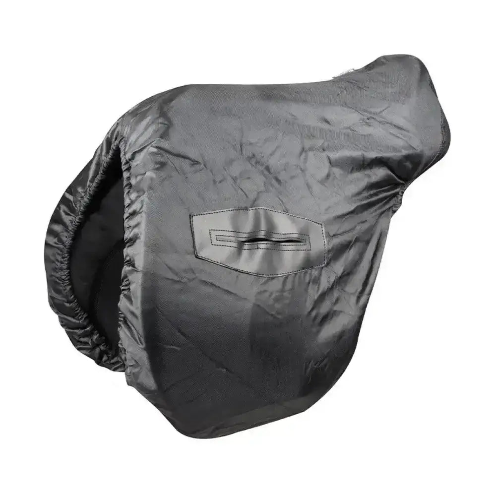 Black hy equestrian fleece lined waterproof durable saddle cover with subtle reflective patch on front