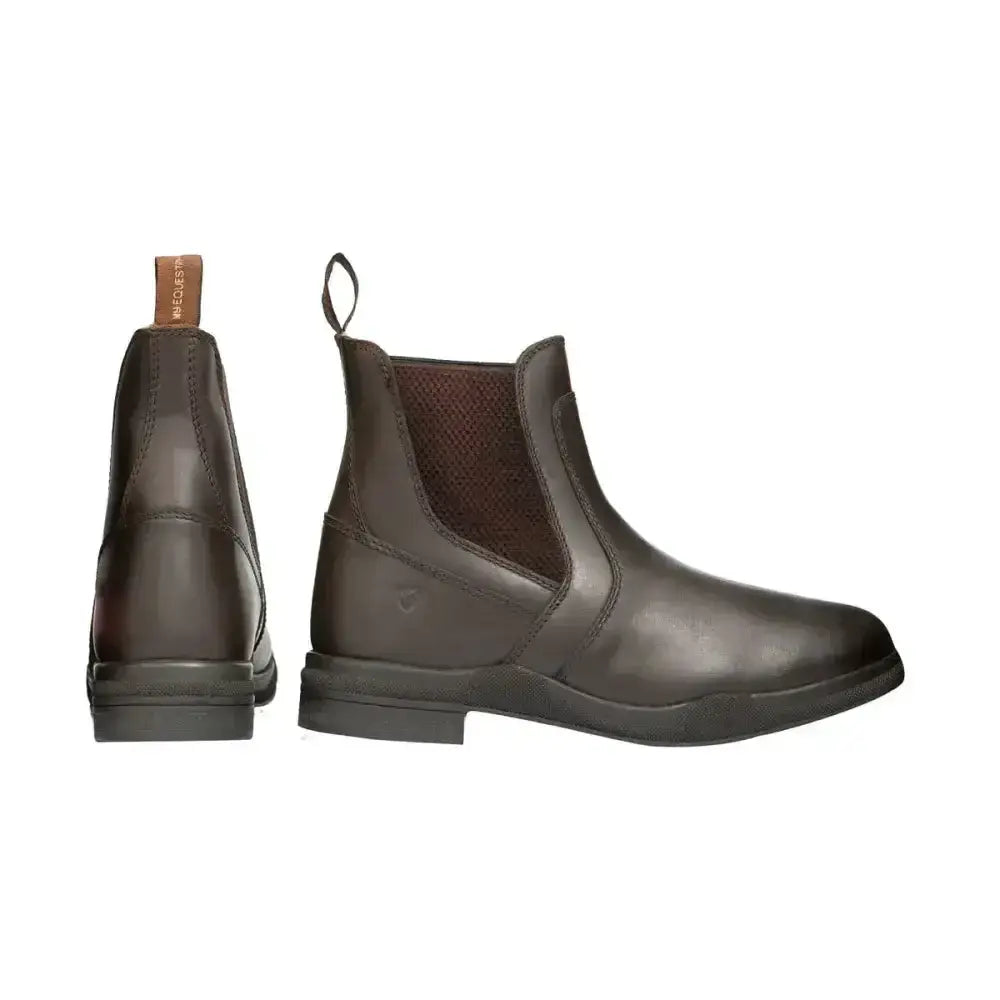 Dark brown fleece lined wax leather jodhpur boots with elastic side panels and pull tab at the back