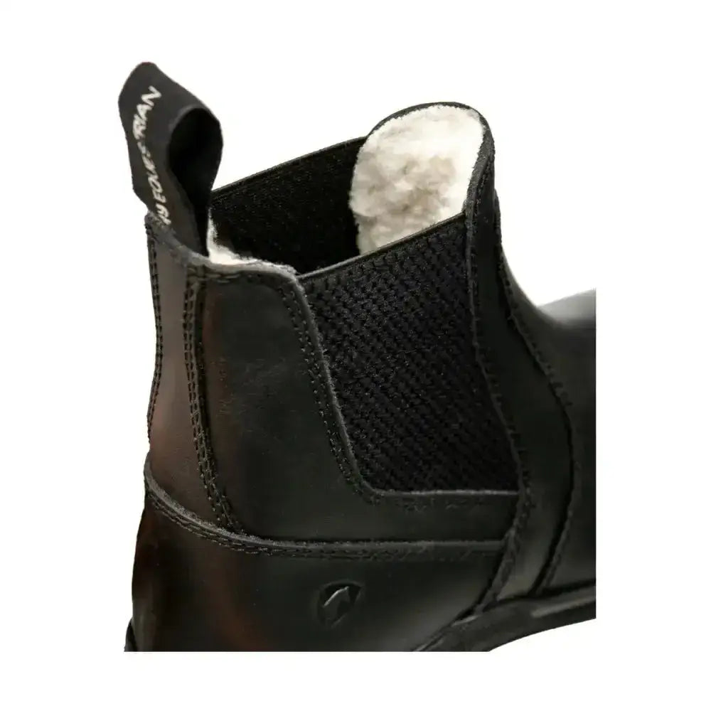 Black leather hy equestrian fleece lined wax leather jodhpur boots with plush white shearling lining and elastic sides
