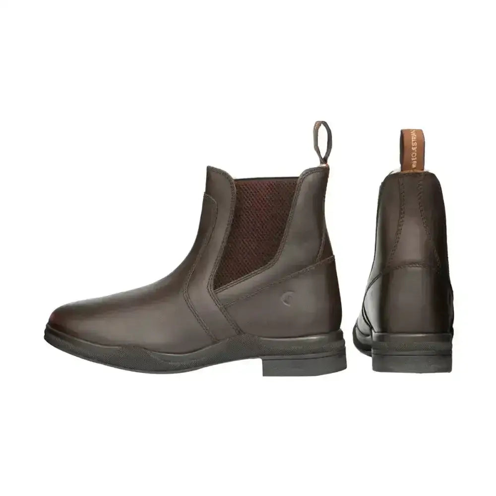 Dark brown fleece lined wax leather jodhpur boots with elastic panels and pull tab for practical equestrian use