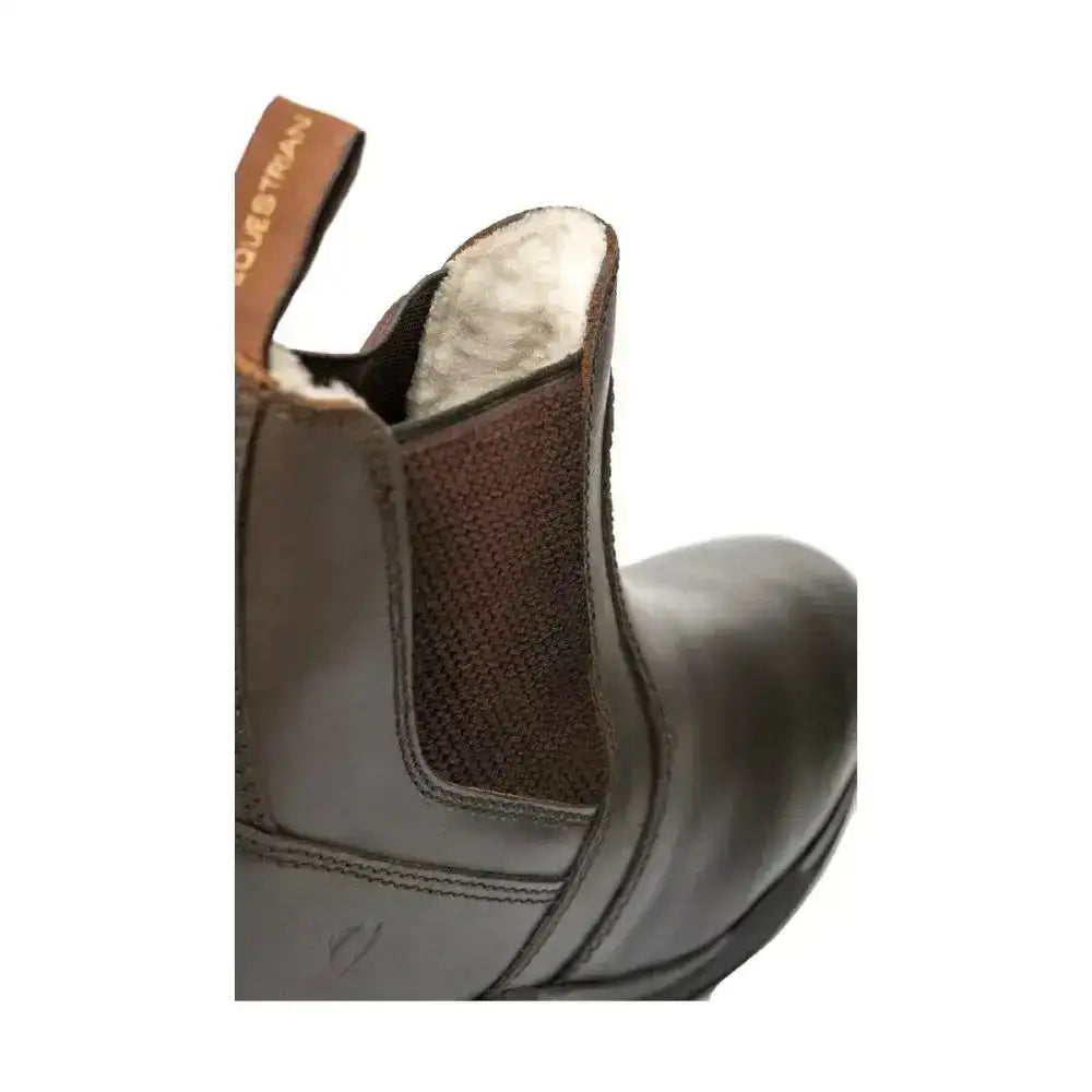 Brown leather hy equestrian fleece lined wax leather jodhpur boot with plush white shearling lining and tan pull tab
