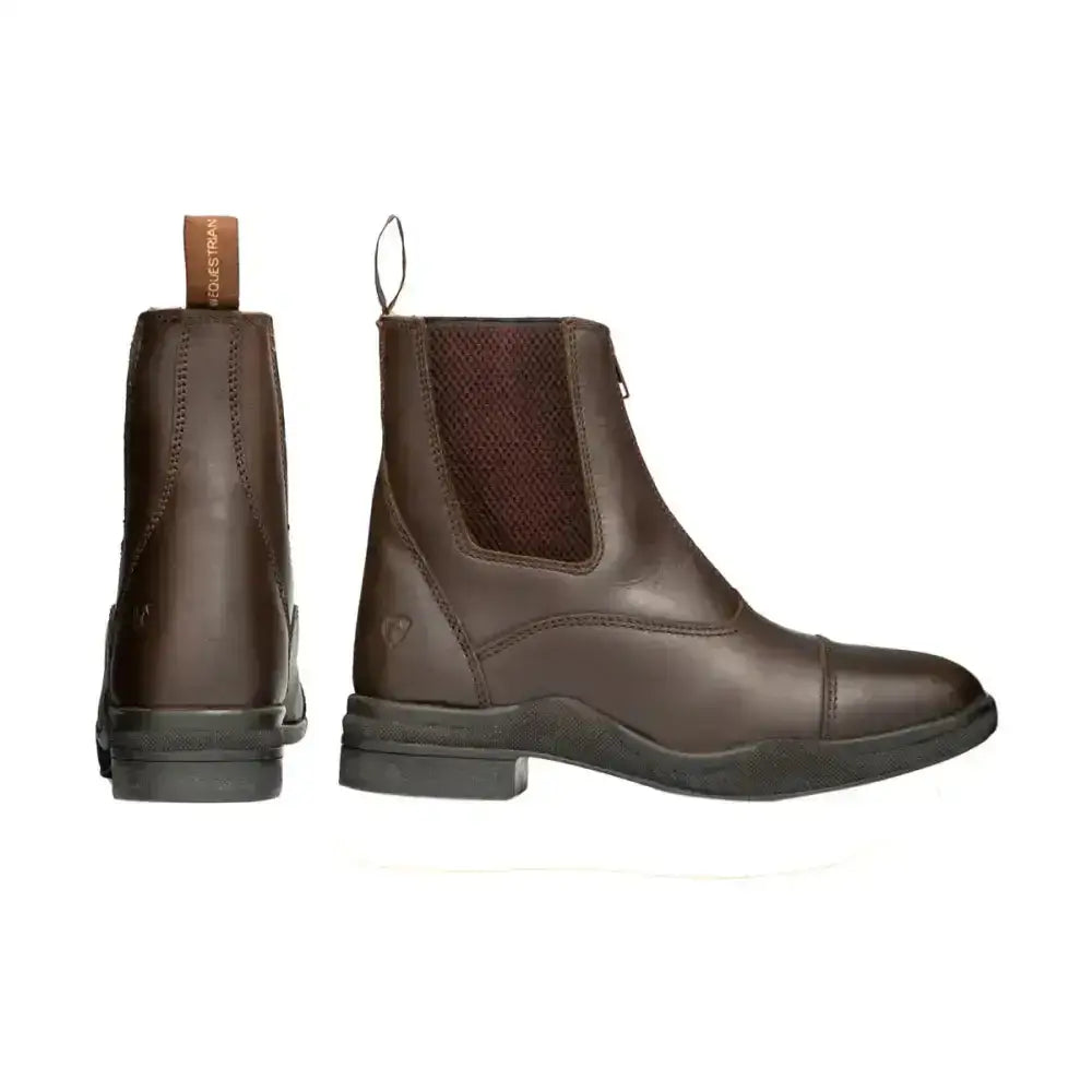 Brown leather zip jodhpur boot with fleece lined wax leather and mesh panel by hy equestrian with pull tab at back