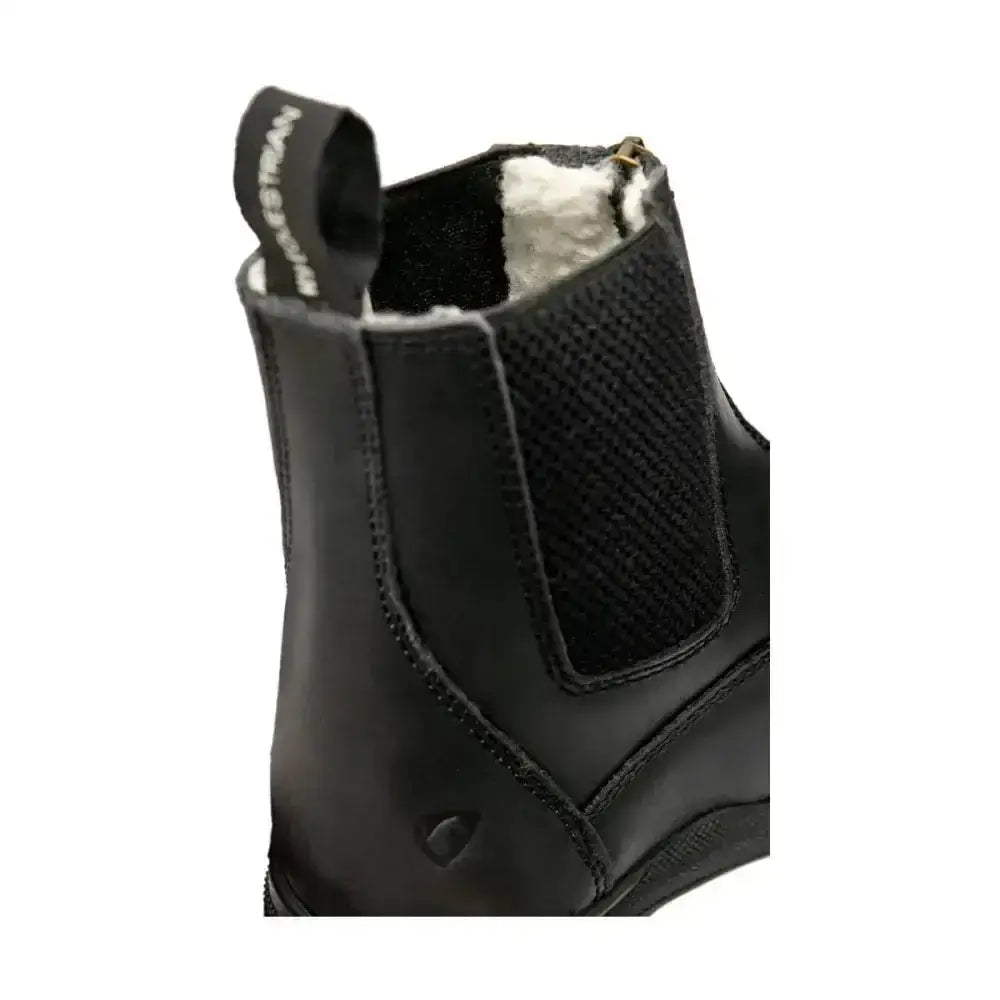 Black leather zip jodhpur boot with fleece lined wax leather and plush white equestrian fleece lined interior