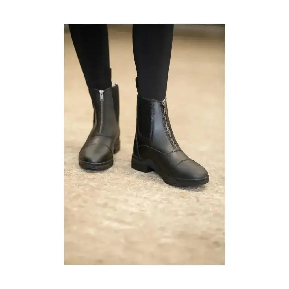 Black leather zip jodhpur boot with low block heel and equestrian fleece lined wax leather for riding comfort