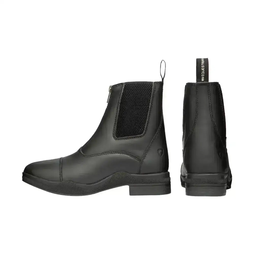 Black leather fleece lined wax leather zip jodhpur boot with mesh panel and pull tab from hy equestrian