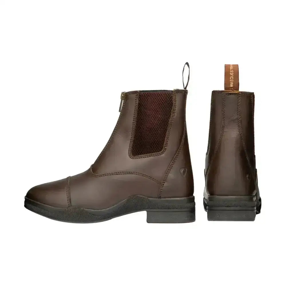 Brown leather zip jodhpur boot with fleece lined wax leather and mesh panel from hy equestrian for riding comfort