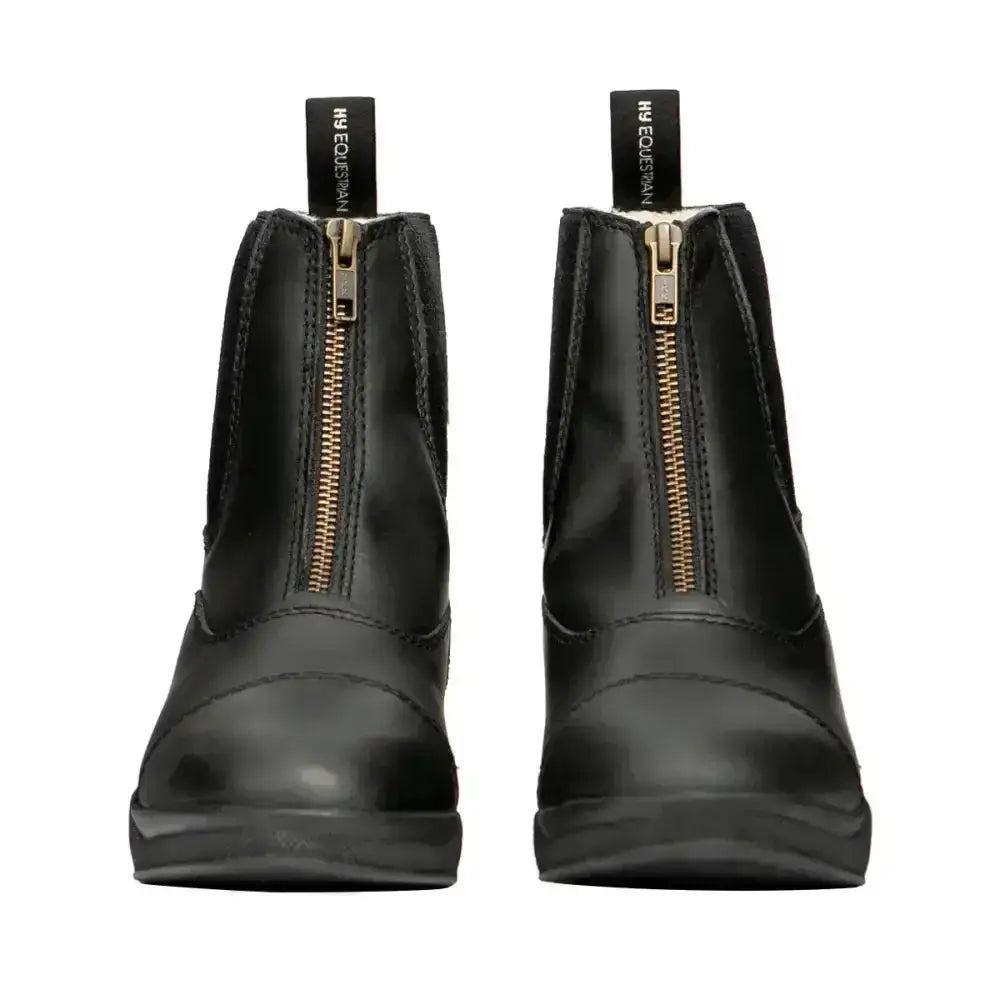 Black leather zip jodhpur boots with gold zippers and pull tabs fleece lined wax leather for equestrian use