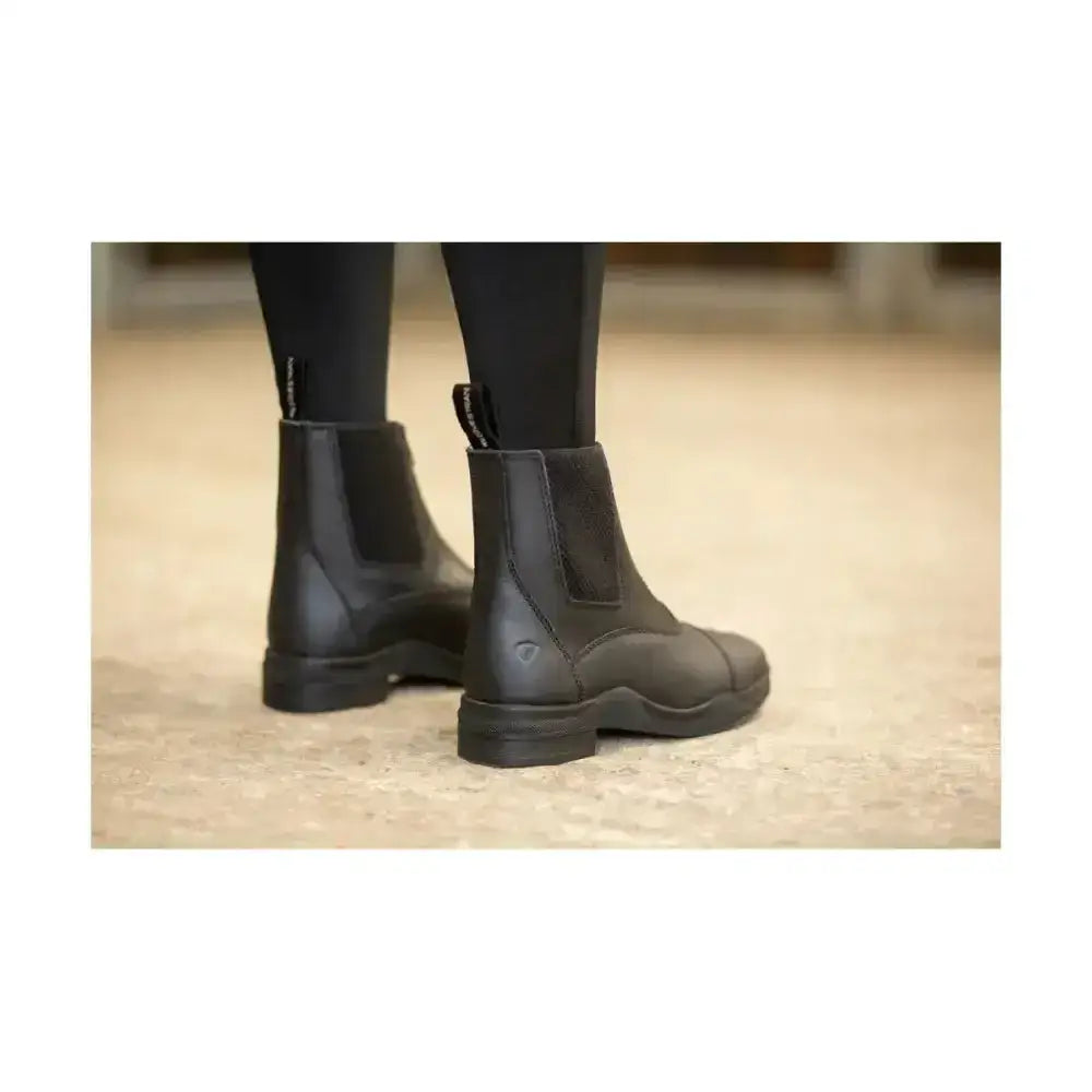 Black leather zip jodhpur boots with elastic panels and fleece lined wax leather for equestrian use