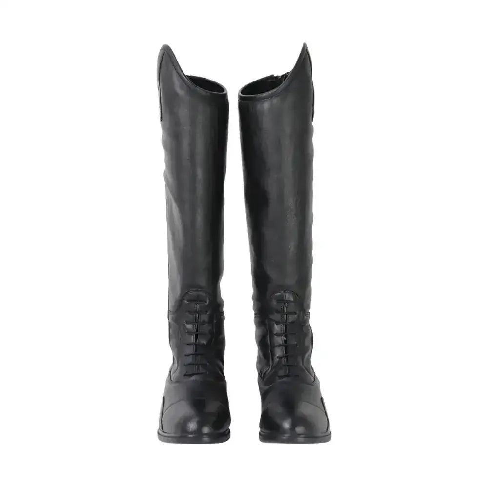 Black leather equestrian formia riding boot with sleek polished finish and classic lace-up design by hy equestrian