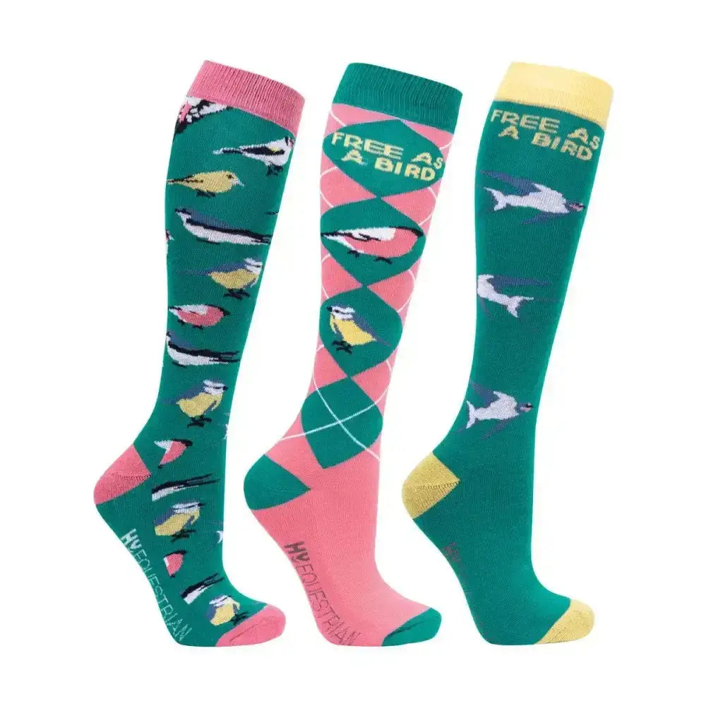 Hy Equestrian Free As A Bird Socks (Pack of 3) Fern/Pink 4 - 8 Riding Socks