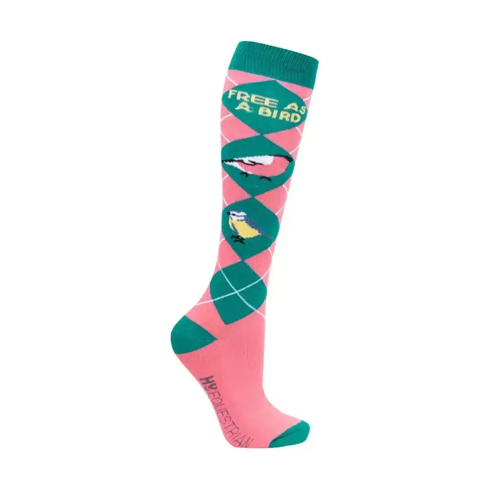 Pink and teal argyle bird socks with free as a bird text perfect to step whilst wearing gorgeous free bird socks