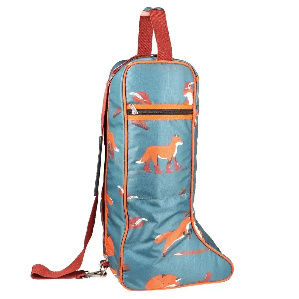 Teal hy equestrian frivolous fox boot bag with fox pattern orange trim and red handles perfect for riding gear storage