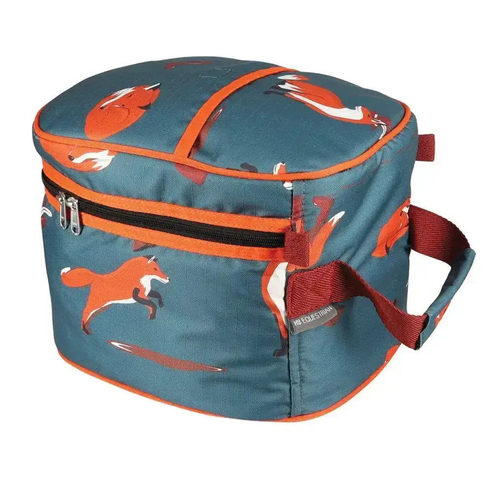 Teal insulated lunch bag with denier waterproof ripstop fabric, orange fox print, red handle for equestrian frivolous fox use