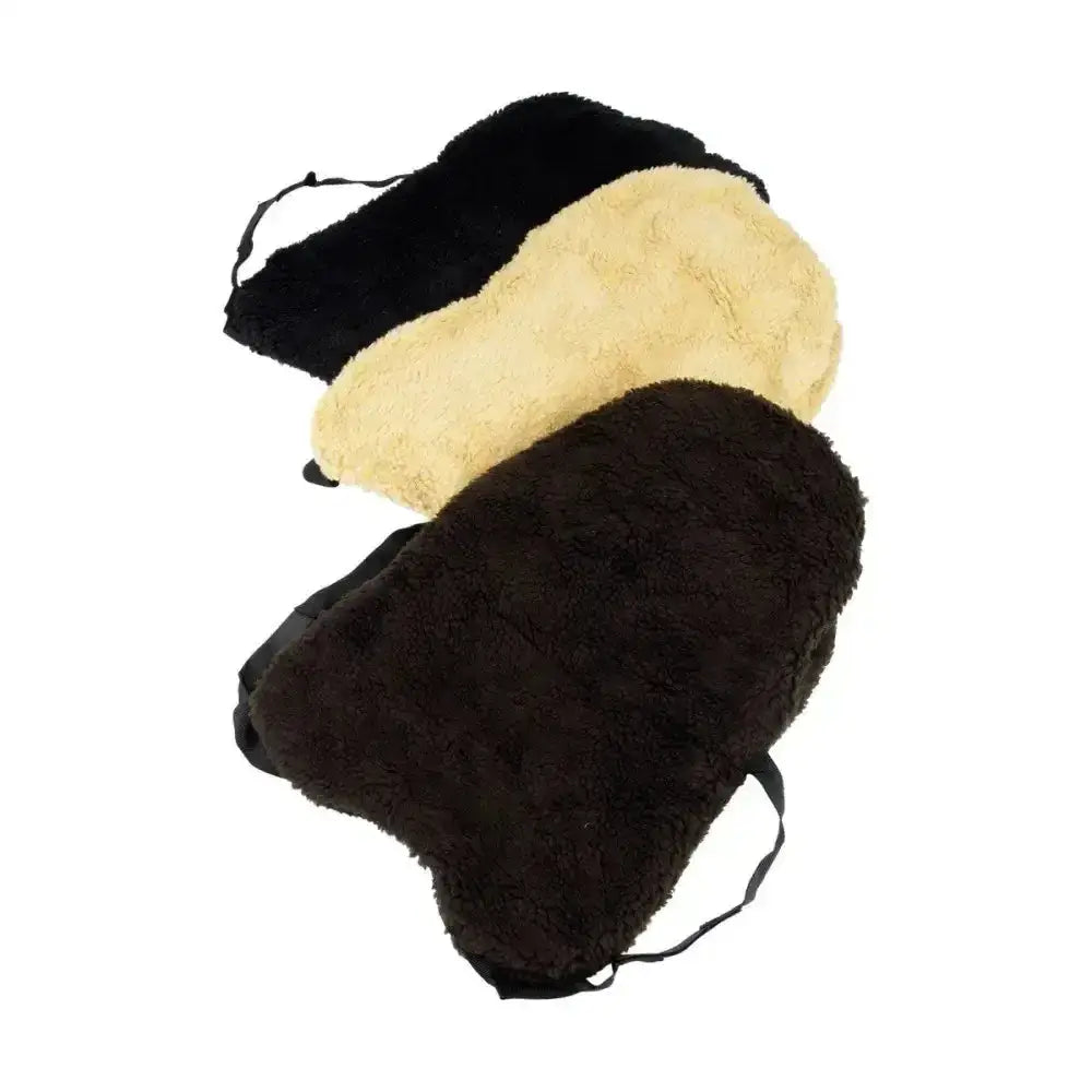 Three plush equestrian fur fabric seat savers in black beige and dark brown for comfy fabric seat protection
