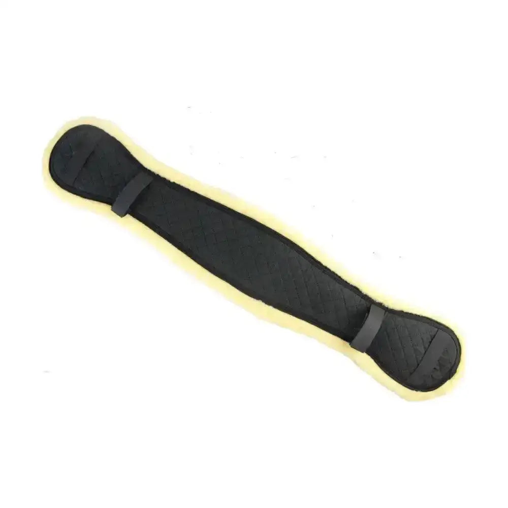 Black padded Hy Equestrian girth cover with yellow underside and black straps for rubbing prevention girth cover