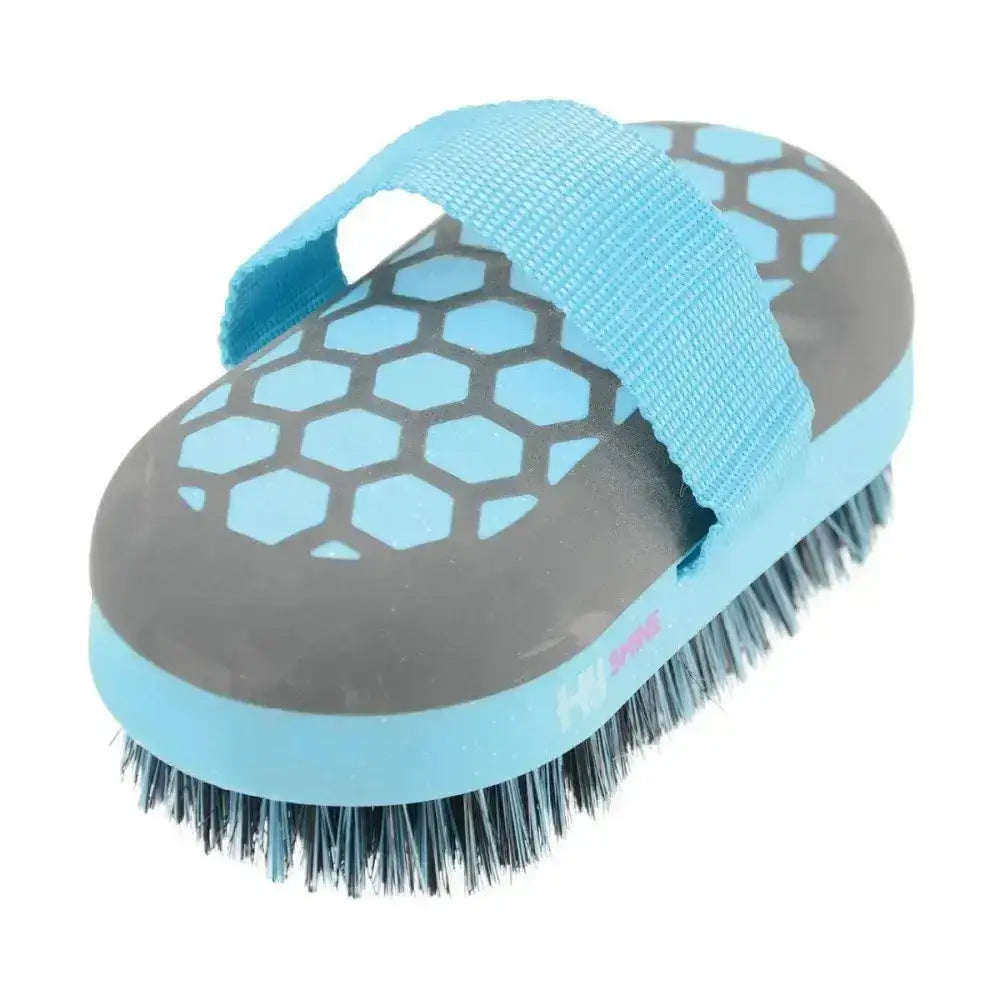 Light blue and gray hy equestrian glitter body brush with honeycomb handle and black bristles lightweight body brush