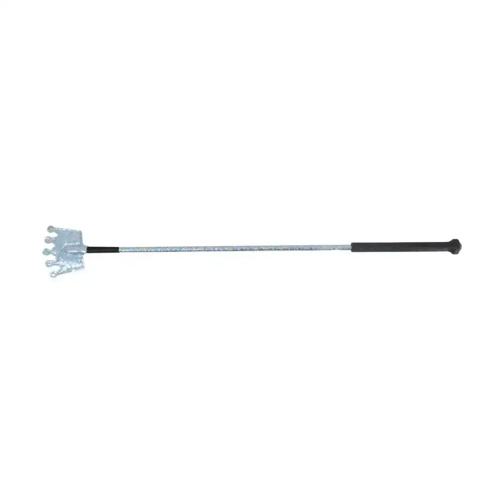 Silver crown-shaped glitter crown riding whip with black grip and metallic shaft from hy equestrian collection