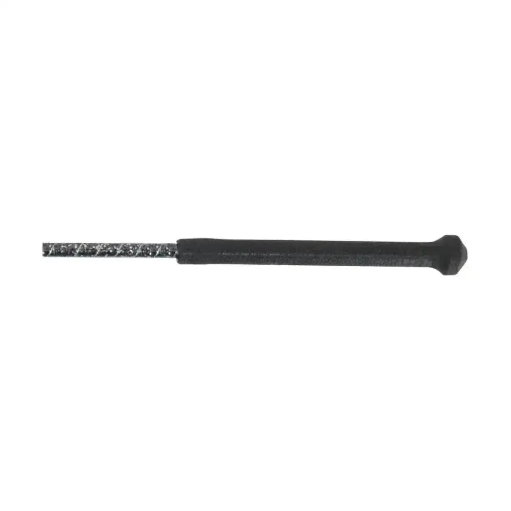 Black-handled metallic patterned screwdriver detail on hy equestrian glitter crown riding whip handle grip texture close-up