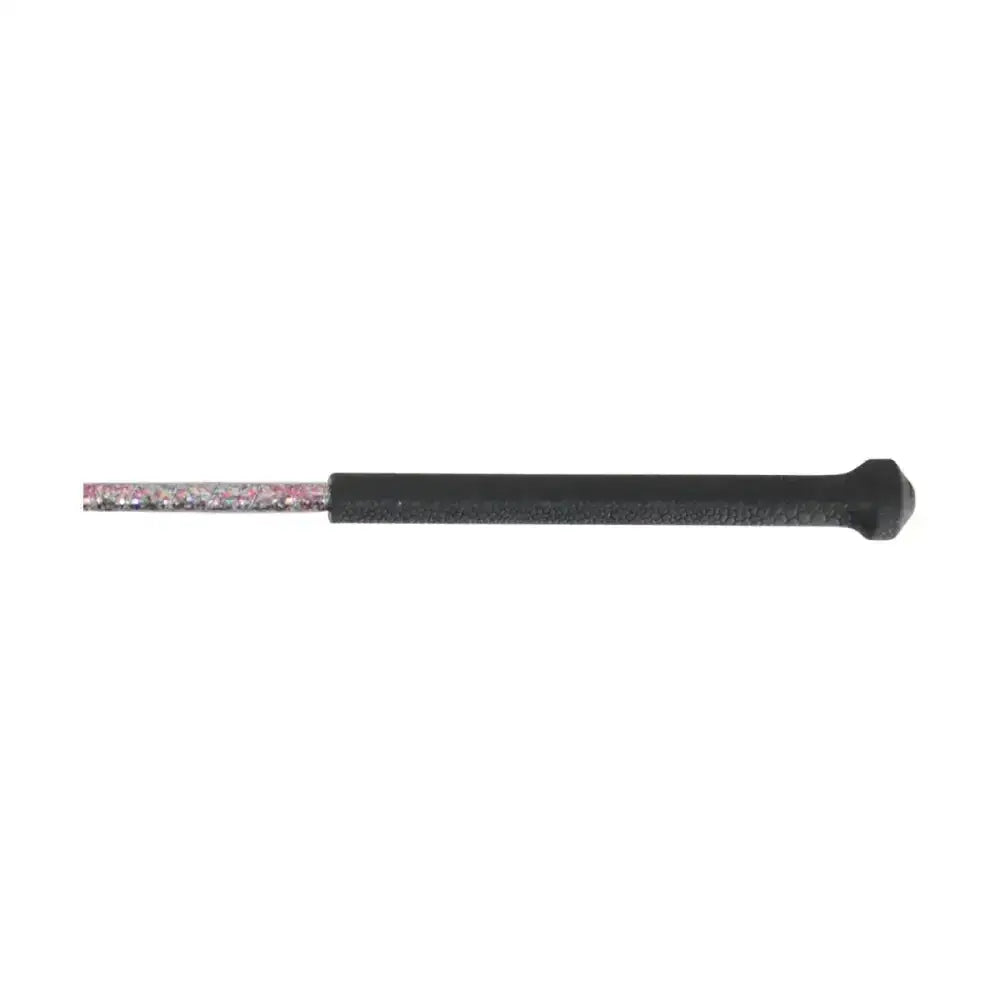 Black-handled equestrian glitter crown riding whip with metallic glittery pink and silver cutting edge file