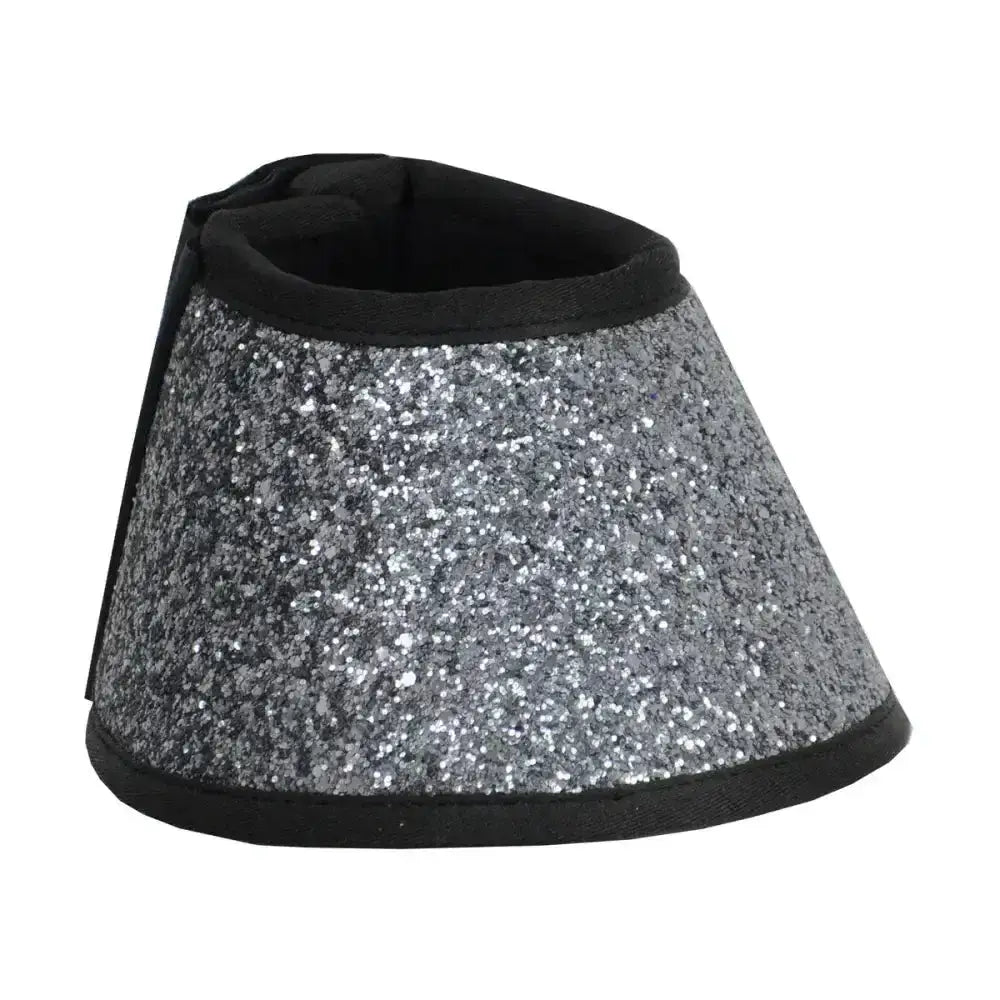 Silver glitter horse halter with black trim paired with glamorous hy equestrian glitter over reach boots