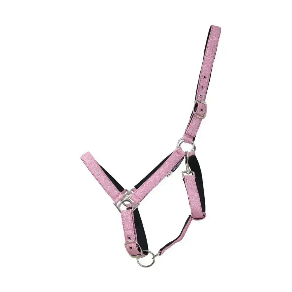 Pink glittery hy equestrian glitzy headcollar with black lining and silver hardware funky head collar style