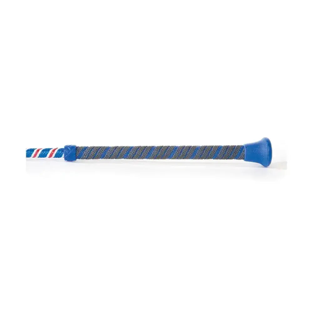 Blue and gray striped hy equestrian great britain style dressage whip with a red white and blue patterned handle