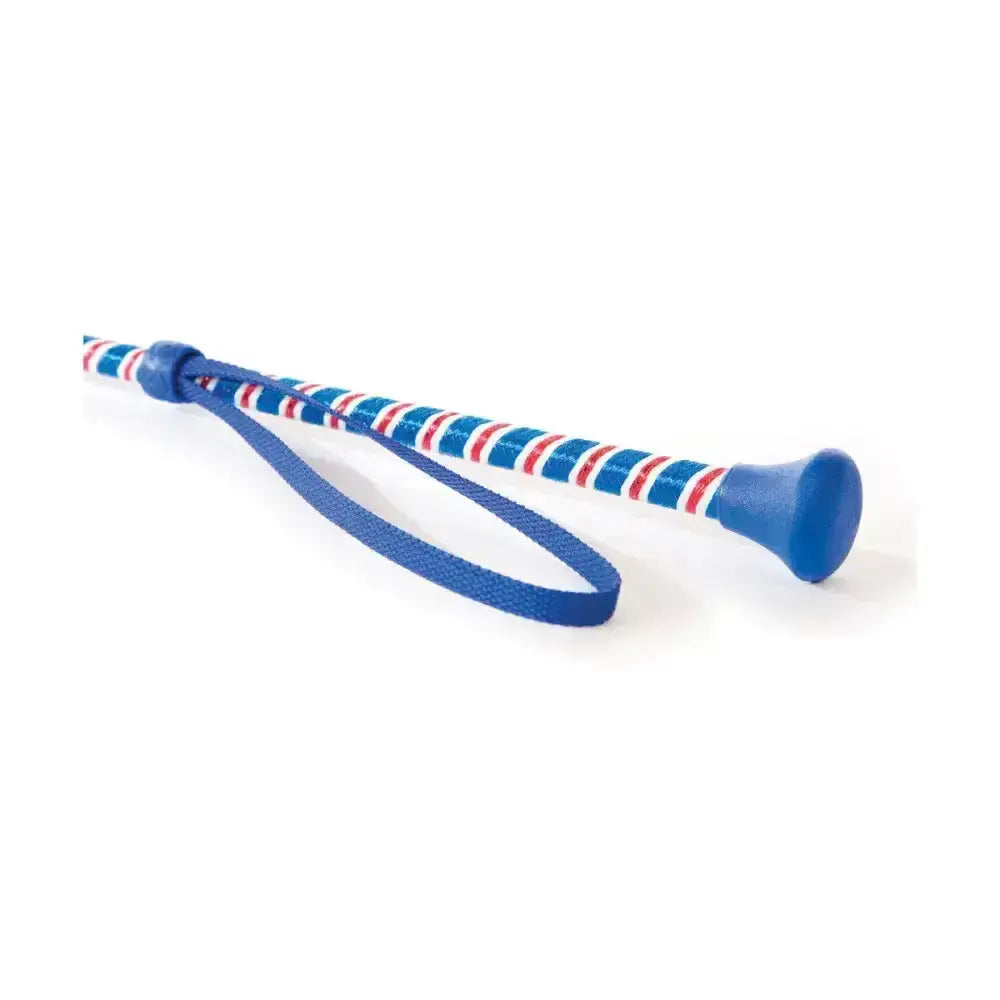 Blue and red striped hy equestrian great britain style jump whip with blue handle and wrist strap for riding