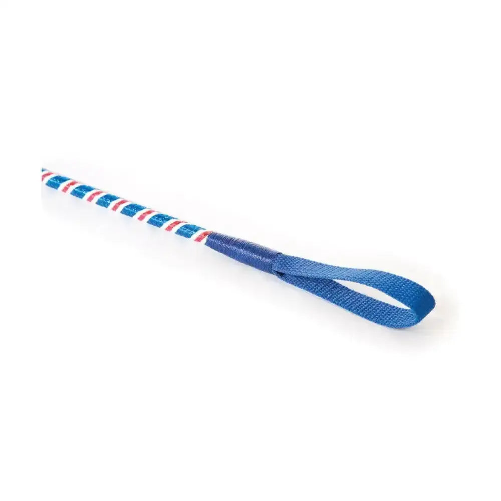 Blue webbing strap with red and white stripes on hy equestrian great britain style jump whip