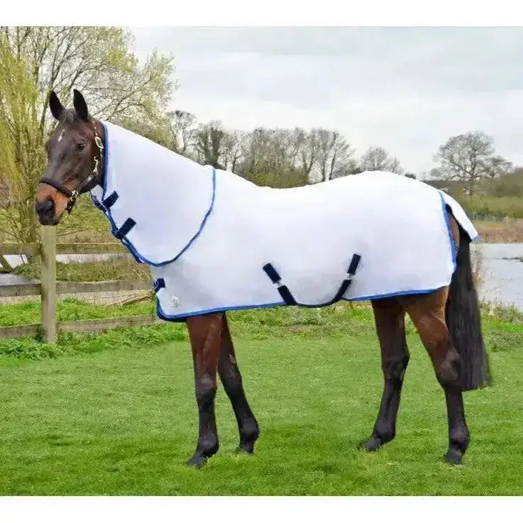 White horse blanket with navy blue trim and adjustable straps from hy equestrian guard signature combo fly rug