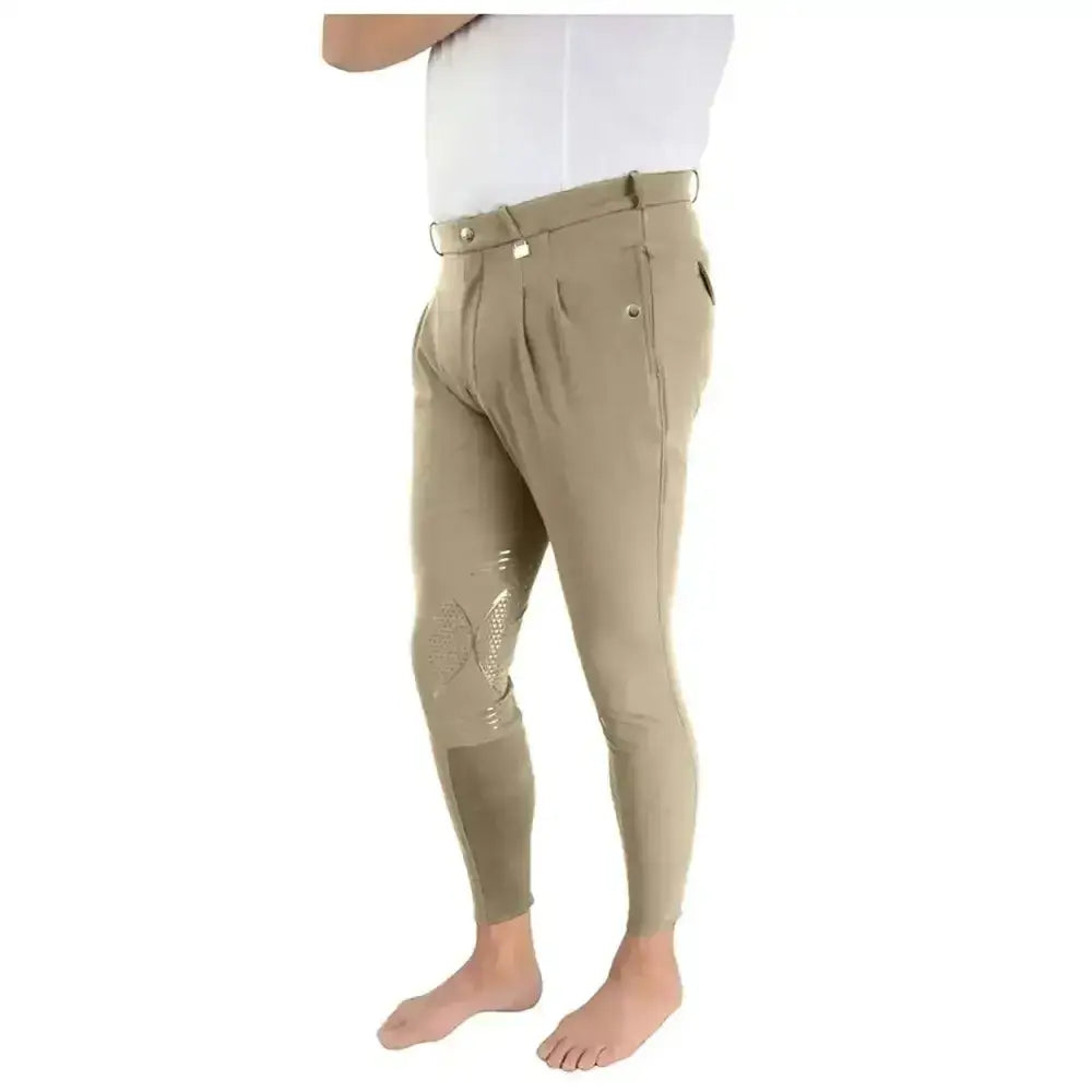 Khaki equestrian harrogate men’s breeches with reinforced knee patches and belt loops in a traditionally designed style