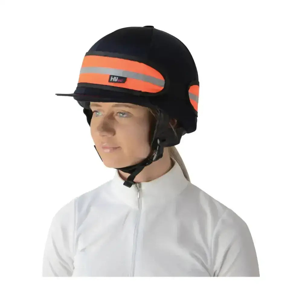 Black equestrian hat band with bright orange reflective stripes and small hu logo fits most riding hats by hy equestrian