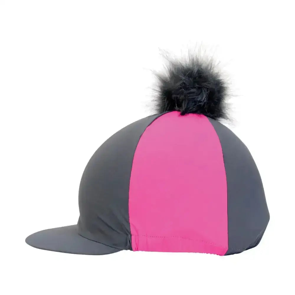 Hy equestrian hat cover in vibrant pink and gray stretchy lycra with a fluffy black faux fur pom pom on top