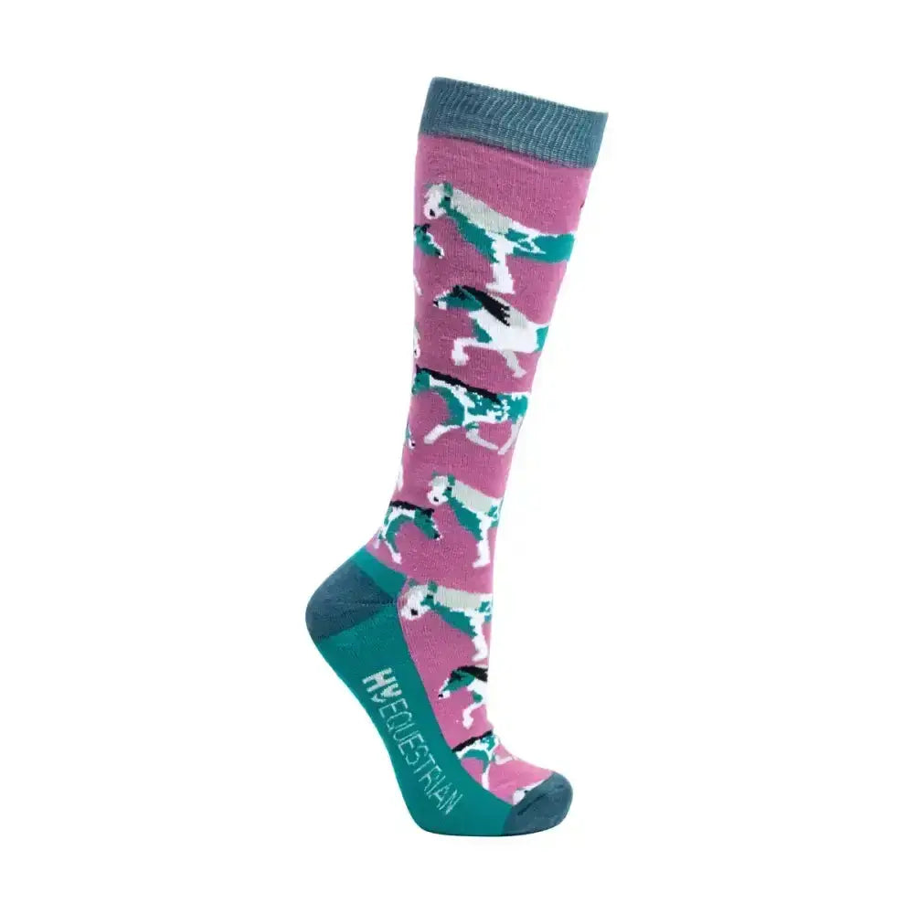Hy Equestrian Horsing Around Socks (Pack of 3) Teal/Berry 4 - 8 Riding Socks