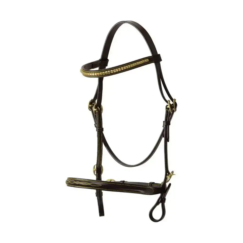 Black leather hy equestrian elegant in-hand bridle with gold metallic accents and eye-catching clencher adorning