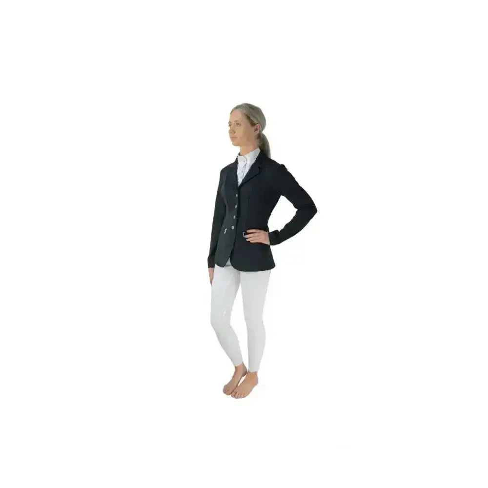Black hy equestrian invictus pro competition jacket with white buttons tailored fit made from technical flex-tech material
