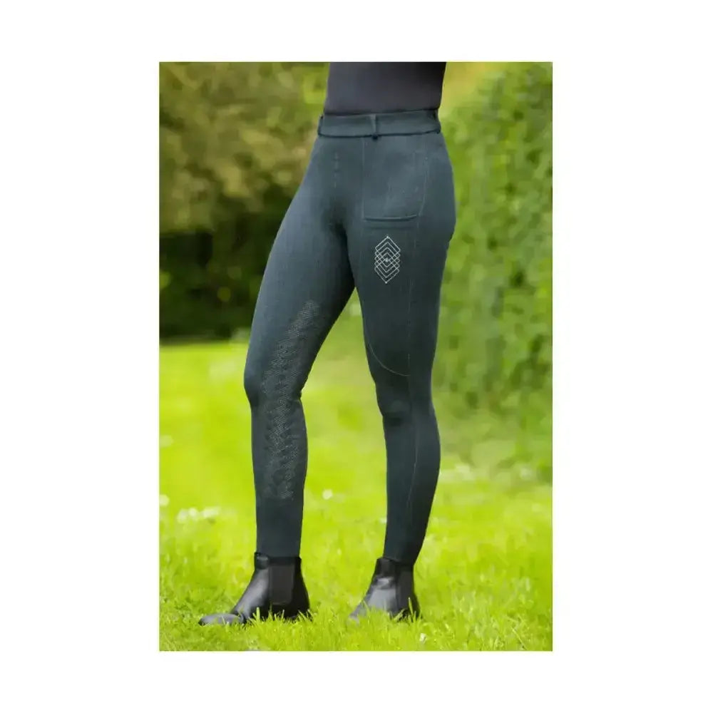 Black equestrian jesmond jewel denim look tights with subtle geometric logo and textured grip panels for equestrian athlete