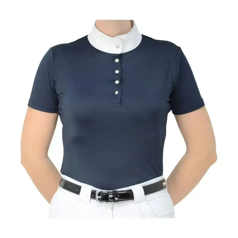 Navy blue short-sleeved equestrian joanna glam polo shirt with white collar and breathable material perfect choice