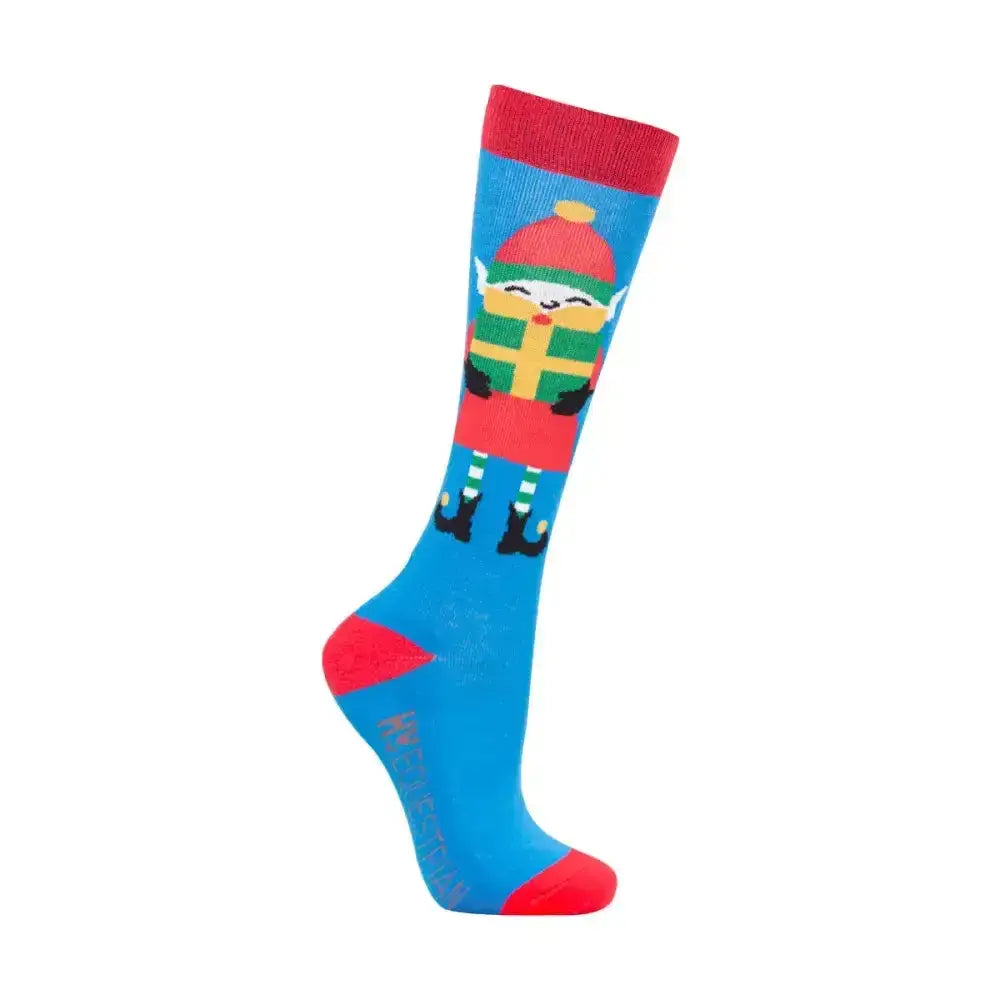 Bright blue equestrian jolly elves knee-high socks with red cuff toe heel and jolly elf character holding gift
