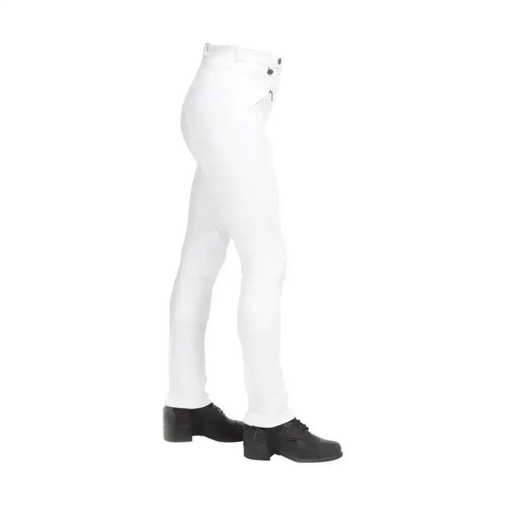 White equestrian keats ladies jodhpurs with black buttons and sleek classic cut for comfortable riding wear