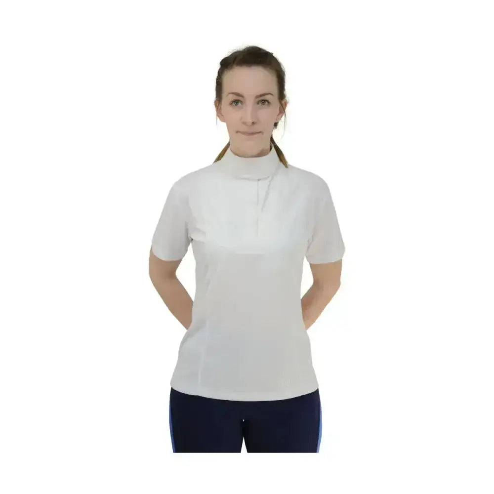 White short sleeved polo shirt with high collar and subtle placket from hy equestrian ladies downham collection