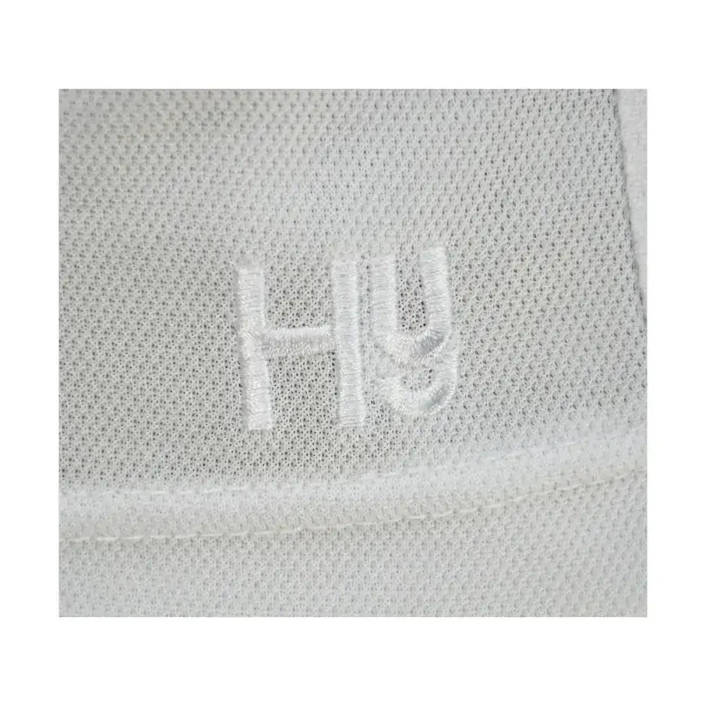 White embroidered hy logo on textured mesh fabric in equestrian ladies sandringham long sleeved stock shirt