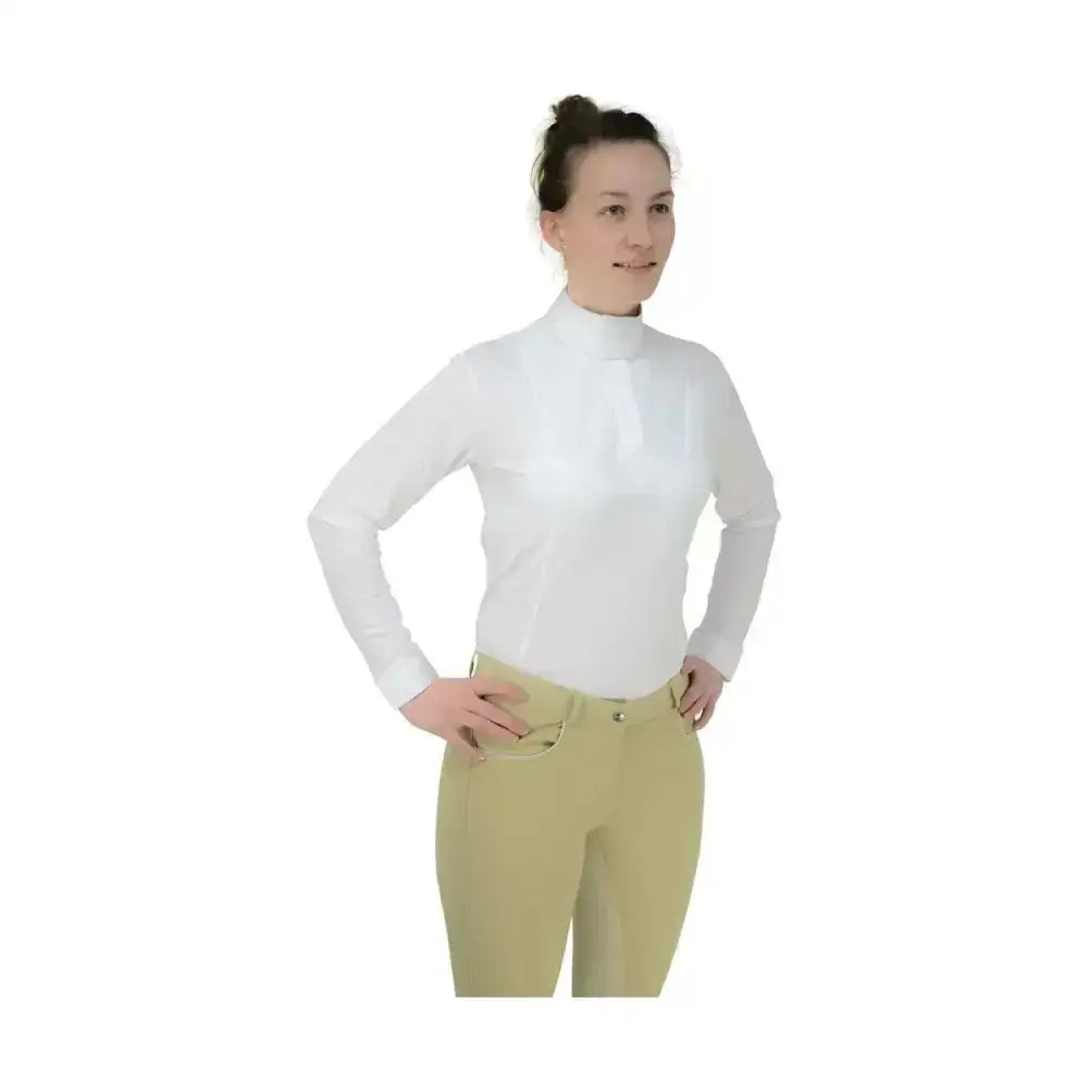 White long sleeved riding shirt with high collar and fitted design from hy equestrian ladies sandringham collection