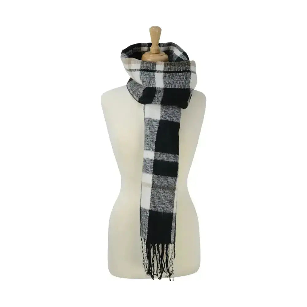 Black and white fringed equestrian ladies supersoft tartan scarf with classic tartan print design