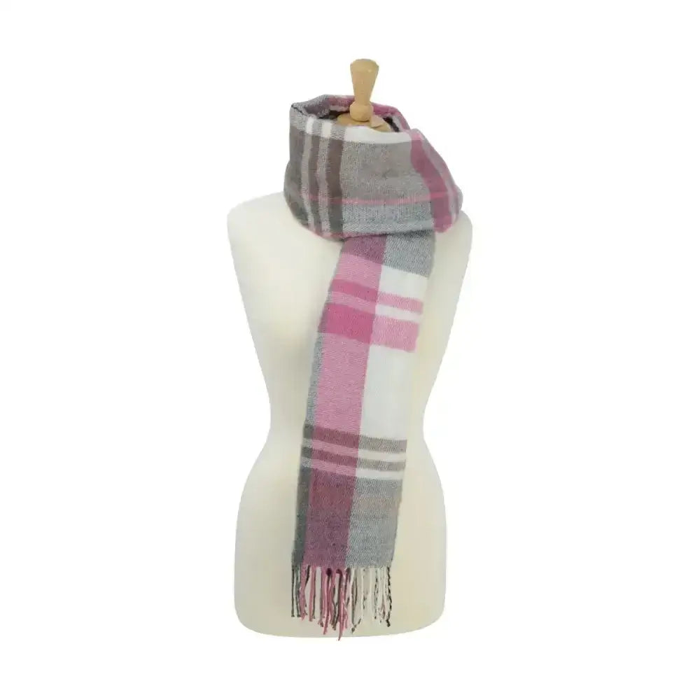 Hy equestrian ladies supersoft tartan scarf in soft pink gray and white plaid with fringed ends